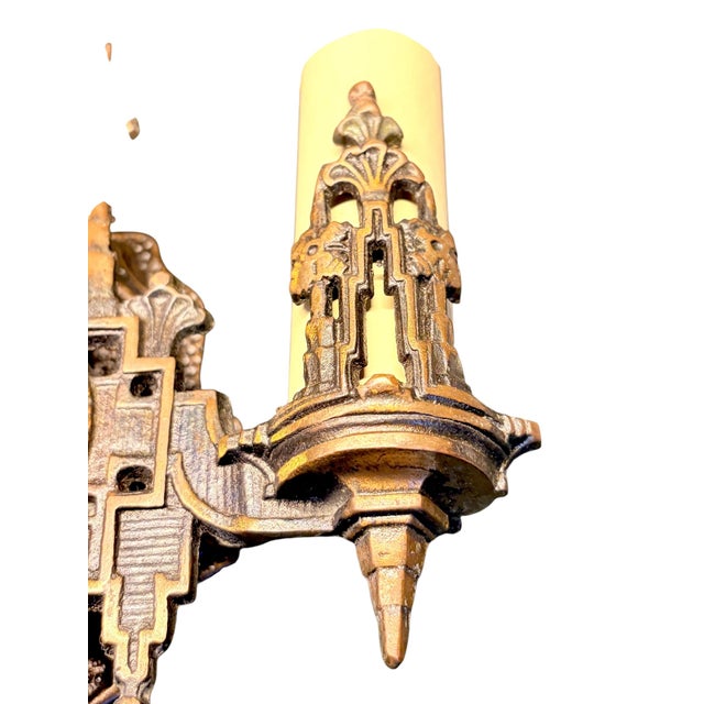 Art Deco Vintage 1930s Art Deco Cast Bronze Double Wall Sconce, Restored Pair Original Finish Rewired Light Fixture Ready to Install Home Decor For Sale - Image 3 of 7