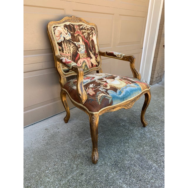 French Provincial Louis XV Giltwood Fauteuil With Chinoiserie Tapestry Upholstery For Sale In South Bend - Image 6 of 12