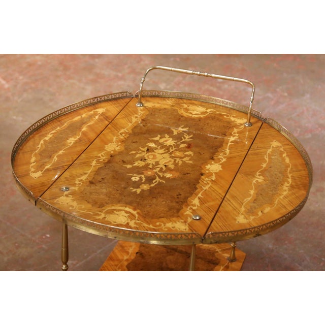 Mid 20th Century Mid-Century Italian Marquetry Bar Cart With Drop Leaves and Gilt Brass Gallery For Sale - Image 5 of 8