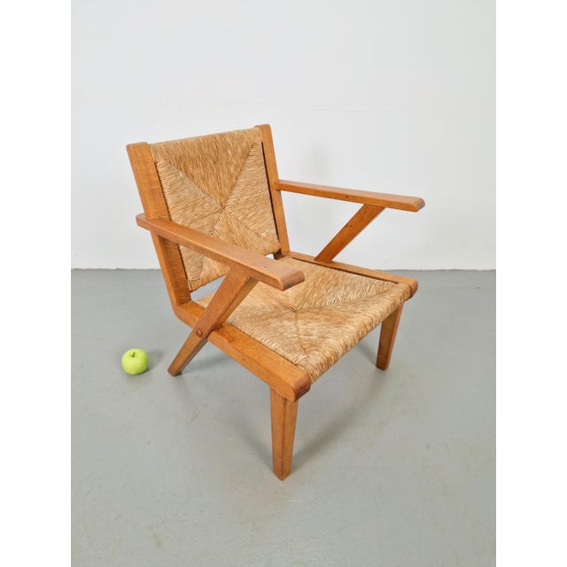 1940s Dutch Modernist Brutalist Wooden Armchair with Rush Seat, 1940s For Sale - Image 5 of 12