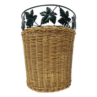 Vintage Late 20th Century Wicker Woven Waste Basket With Green Metal Leaf Accent For Sale