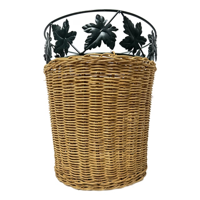 Vintage Late 20th Century Wicker Woven Waste Basket With Green Metal Leaf Accent For Sale