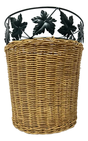 Vintage Late 20th Century Wicker Woven Waste Basket With Green Metal Leaf Accent