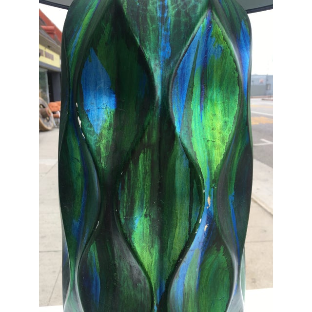 Pair of Tall Mid-Century Iridescent Ceramic Table Lamps – Blue & Green Glaze With Custom Shades For Sale - Image 9 of 12