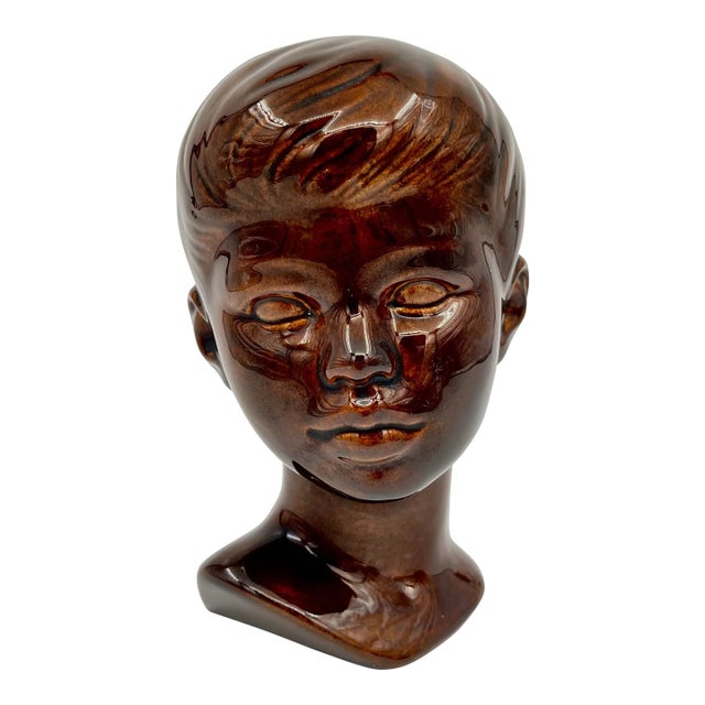 1970s Brown Glazed Ceramic Bust of a Boy For Sale