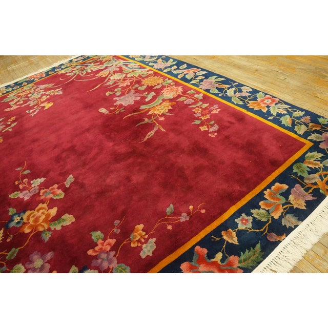 1920s Ruby Red Floral Antique Chinese Art Deco Carpet 8'10" X 11'2" Handknotted Pile Wool Rug For Sale In New York - Image 6 of 9