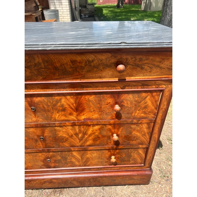 French 19th Century Louis Philippe Flame Mahogany Marble Top Commode For Sale - Image 10 of 12