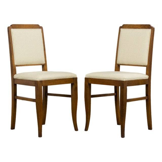 French Art Deco Maple Accent Side Chairs With Sage Green Stripe – A Pair For Sale