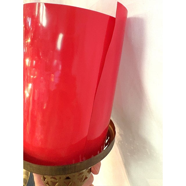 1900's Middle Eastern Hammered & Pierced Brass Swag Electrified Lanterns With Red Liner- A Pair For Sale - Image 16 of 18