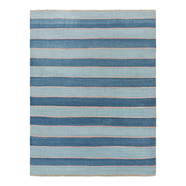 Rug & Kilim's Contemporary Dhurrie Rug in Blue Stripes - 8x10 For Sale