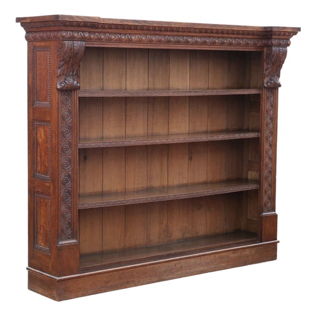 Large Antique Carved Oak Bookcase, 19th Century For Sale