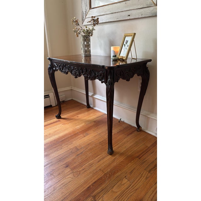 Chippendale Vintage Writing Desk Table With Ornate Carved Floral Scrollwork. For Sale - Image 3 of 9