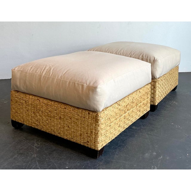 Mid-Century Modern Vintage McGuire Woven Rattan Ottomans - A Pair For Sale - Image 3 of 12
