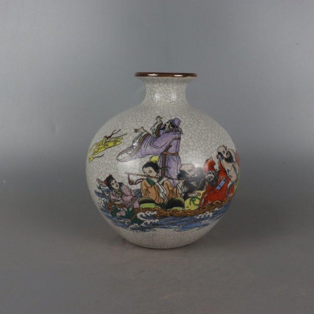 Chinese Vintage Chinese Crackle Glaze Famille Rose "Eight Immortals" Vase - 16cm For Sale - Image 3 of 7