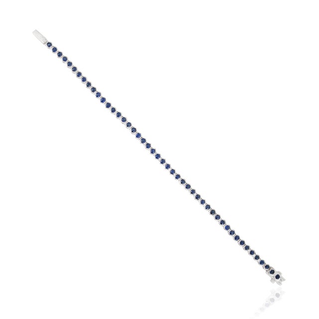 Geometric 5.54 Carat Blue Sapphire Hexagon Tennis Bracelet in 14k White Gold For Sale - Image 9 of 15