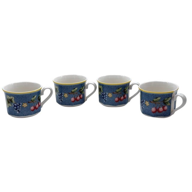 Late 20th Century Villeroy & Boch Citta Campagna Biella Blue Fruit Pattern Tea Cup/Saucer Set of 4 For Sale - Image 9 of 10