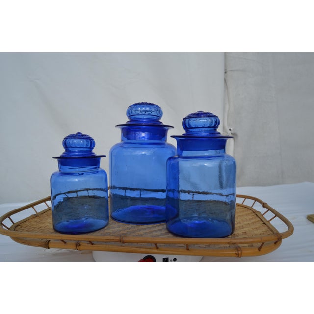 Glass Mid 20th Century Takahashi Hand Blown Cobalt Blue Glass Apothecary Jars With Lids- Set of 3 For Sale - Image 7 of 11