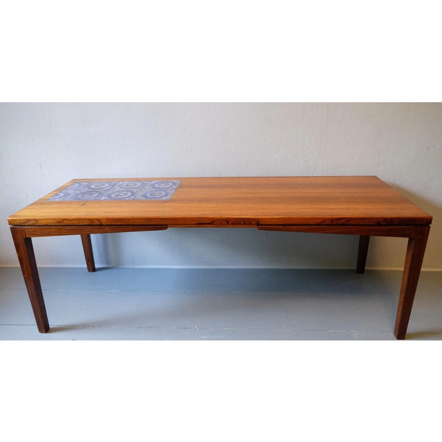 Mid-Century Modern Rosewood Coffee Table with Blue Ceramic Tiles, Denmark, 1960s For Sale - Image 3 of 16