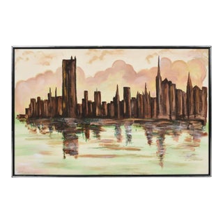 Lee Reynolds Style Green and Brown Mid-Century Modern Cityscape Skyline Painting For Sale