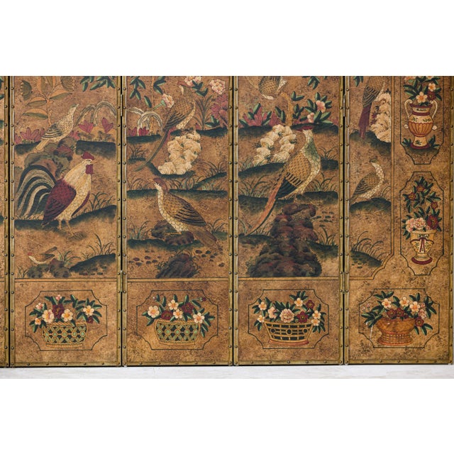 Six-Panel Leather Screen with Birds, Flowers, and Roosters - Vintage For Sale - Image 9 of 12