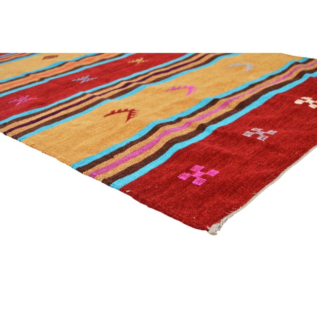 One-of-a-kind handwoven Moroccan flat-weave wool and silk rug, featuring an elegant rhythmic pattern of colorful bands,...