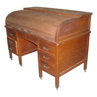 Antique Roll Top Quarter Sawn Oak Wooden Desk For Sale