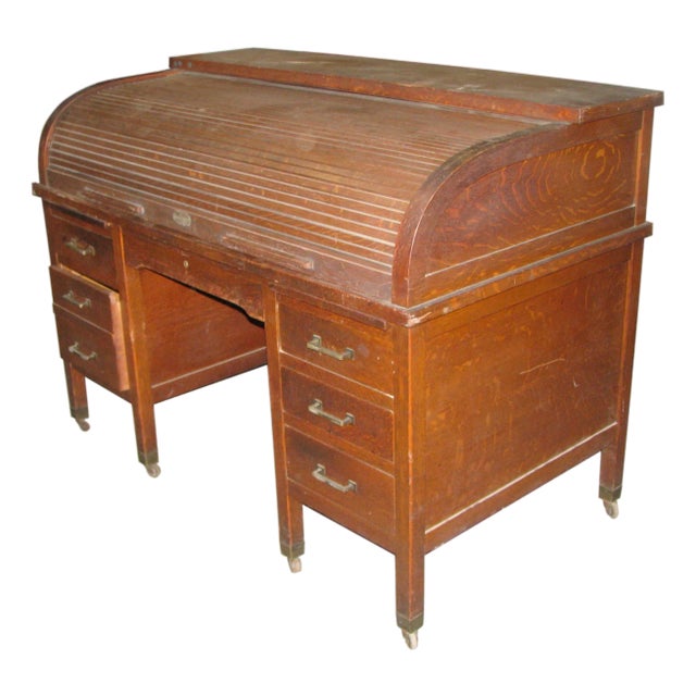 Antique Roll Top Quarter Sawn Oak Wooden Desk For Sale