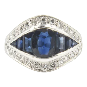 Deco Style Sapphire and Diamond White Gold Ring size 6.75