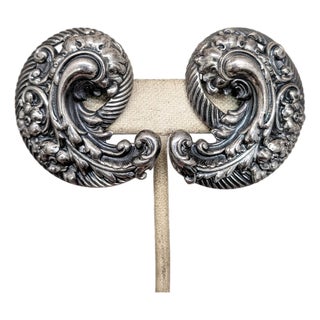 Vintage Signed Napier Silvertone Baroque Style Repoussé Swirl Clip Earrings-2 Pieces For Sale