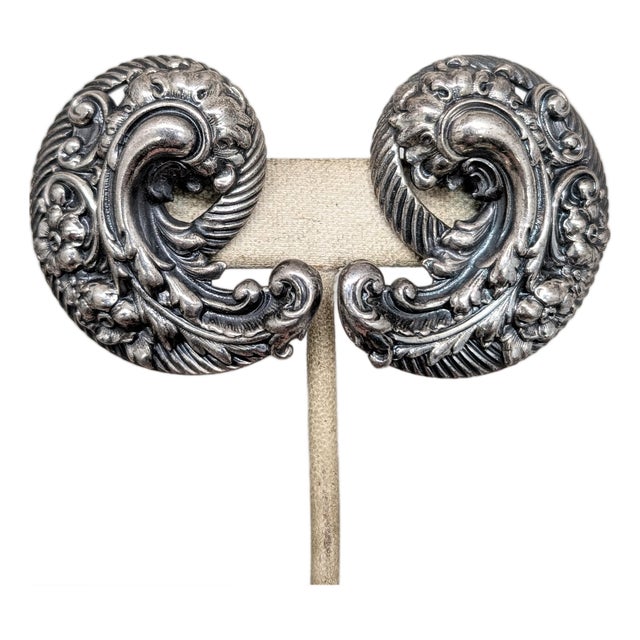 Vintage Signed Napier Silvertone Baroque Style Repoussé Swirl Clip Earrings-2 Pieces For Sale