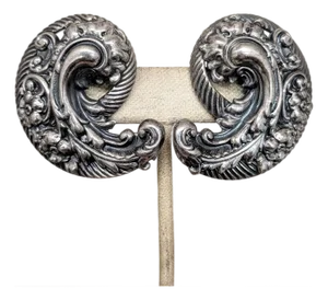 Vintage Signed Napier Silvertone Baroque Style Repoussé Swirl Clip Earrings-2 Pieces