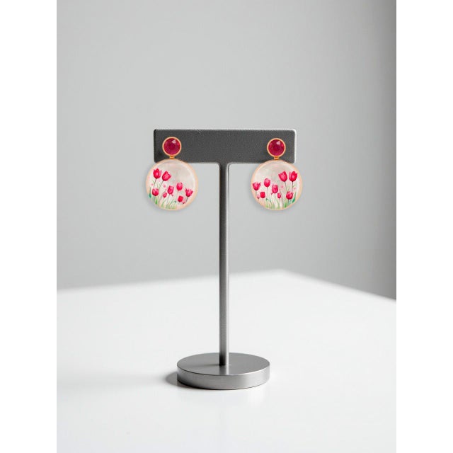 Red Tulip Flower Fields Earrings Studs With Rubies and Mother of Pearl, A Pair For Sale - Image 4 of 6