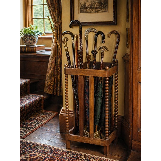 Antique English Bobbin-Turned Oak Umbrella & Cane Stand With Brass Liner For Sale - Image 16 of 16
