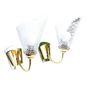 Mathieu Matégot Sconces Brass, Mirror & White Metal Mesh Shades Wall Lamps, Pair