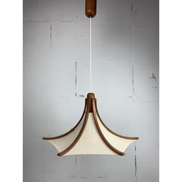 Teak and Linen Umbrella Pendant Hanging Lamp attributed to Domus, 1970s For Sale - Image 14 of 14