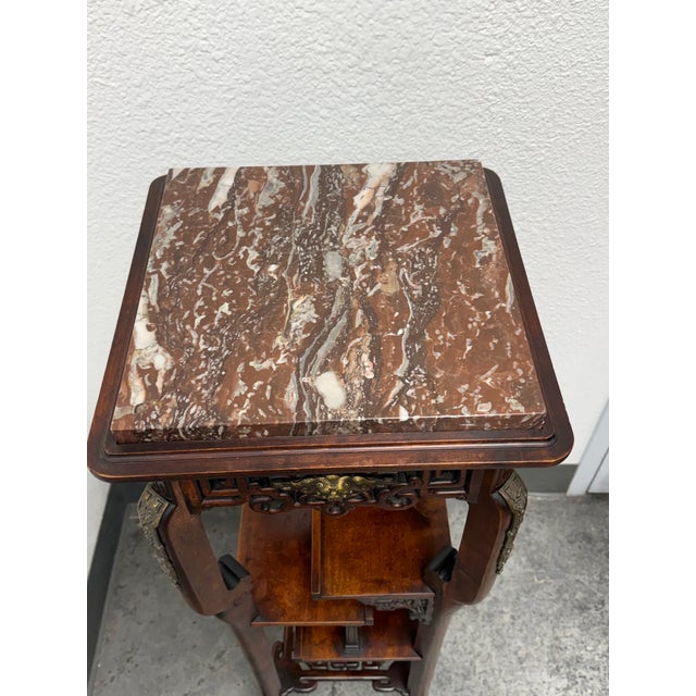 Chinoiserie Carved Wood Tiered Marble Top Stand, Vintage For Sale - Image 4 of 12