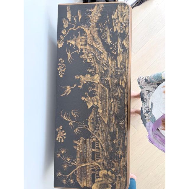 1990s Black Lacquer Vintage Chinoiserie Bombe Chest Feat Hand-Painted Gilt Asian Landscape Scenes For Sale In Los Angeles - Image 6 of 7