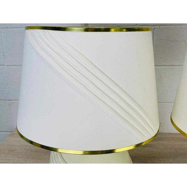 1970s Vintage 1970s Cream & Gold Round Table Lamps, Pair For Sale - Image 5 of 11