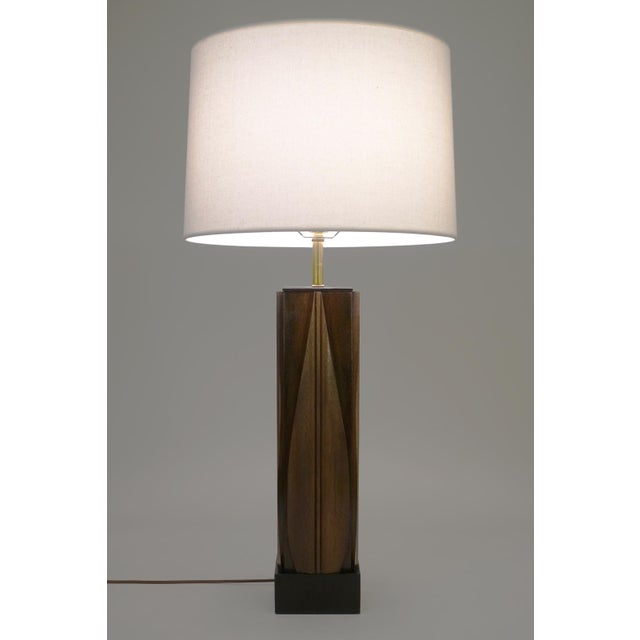 Mid-Century Modern Laurel Mid Century Tiki Modern Carved Walnut Tropical Leaf Column Table Lamp 1960's For Sale - Image 3 of 9