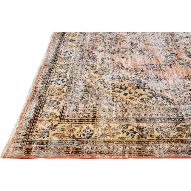 Peach Vintage Persian Handmade Geometric Wool Rug For Sale - Image 4 of 7