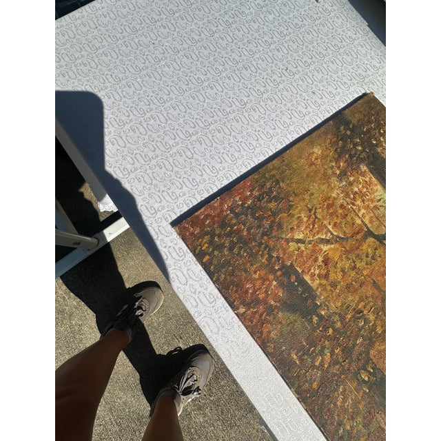 Up for consideration is a beautiful vintage dark fall woods foliage landscape painting on canvas. This would look lovely...