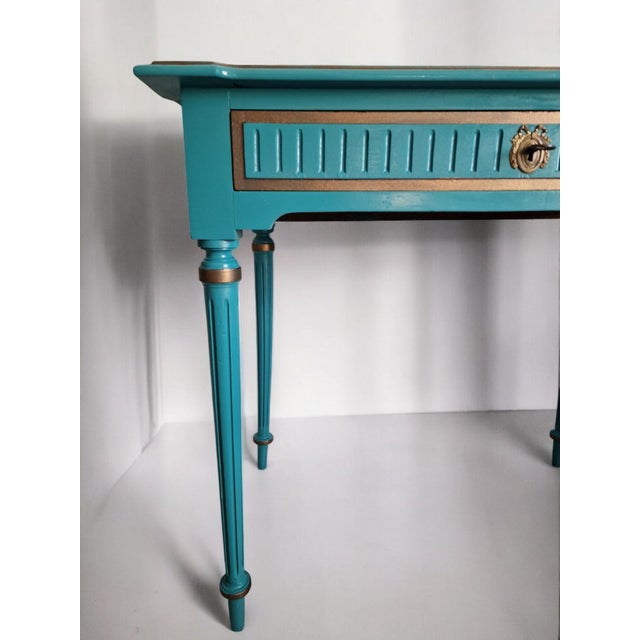 Elegant small walnut desk repainted in teal with a professional satin lacquer that is shock and stain resistant. The...