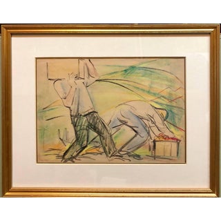 Eliyahu Sigard, Men Working on Kibbutz Palestine, Israeli Judaica Pastel Drawing, c.1940s For Sale
