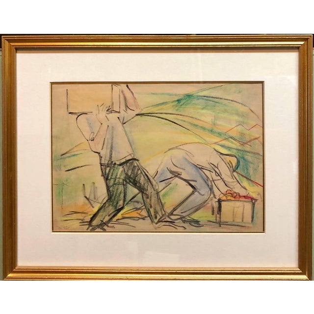 Eliyahu Sigard, Men Working on Kibbutz Palestine, Israeli Judaica Pastel Drawing, c.1940s For Sale