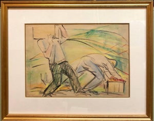 Eliyahu Sigard, Men Working on Kibbutz Palestine, Israeli Judaica Pastel Drawing, c.1940s