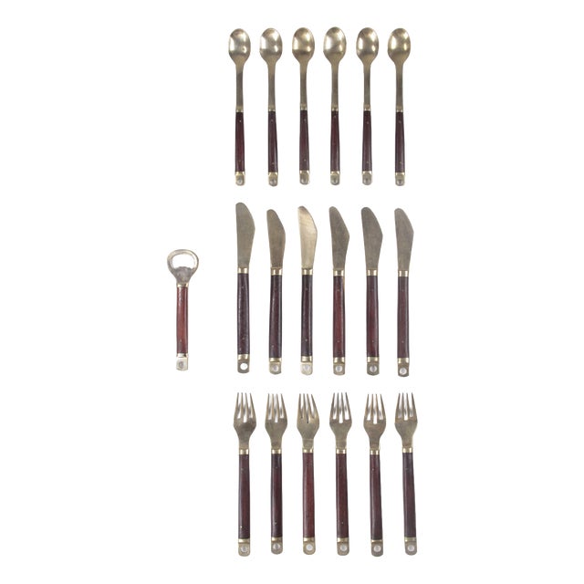 Modern Brass and Wood Cutlery Set by Carl Cohr, 1960s, Set of 19 For Sale