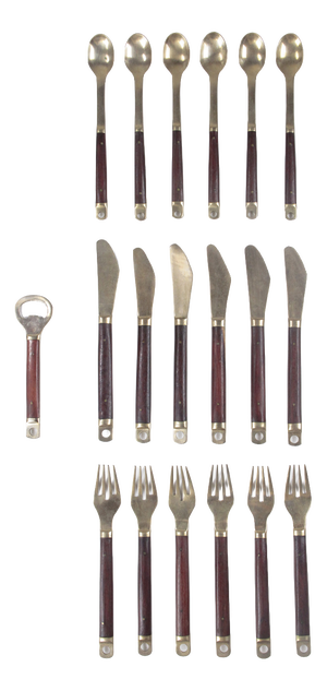 Modern Brass and Wood Cutlery Set by Carl Cohr, 1960s, Set of 19
