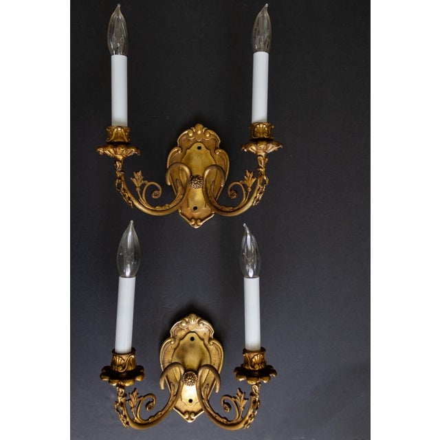 1960s French Neoclassical Double Arm Brass Bow Sconces With Lampshades - a Pair For Sale - Image 6 of 14