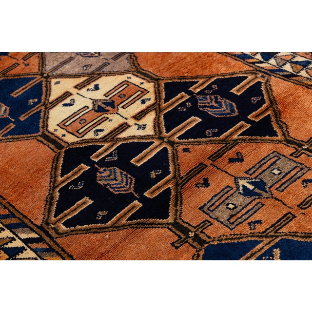 Mid-20th Century Vintage Turkish Oushak Runner Rug With Geometric Medallions in Burnt Orange and Indigo Blue For Sale - Image 9 of 9