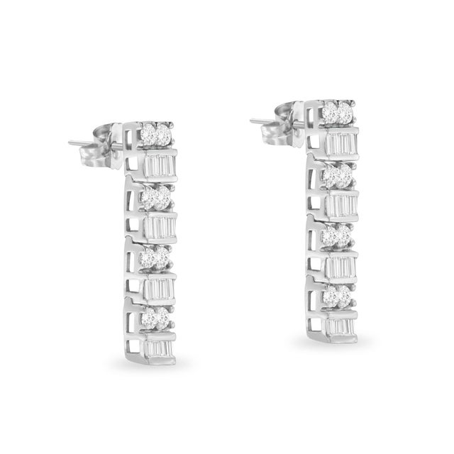 Haus of Brilliance 14K White Gold 1 1/3 Cttw Alternating Round And Baguette Diamond Drop Earrings (H-I Color, SI2-I1 Clarity) For Sale - Image 4 of 6